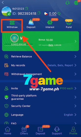 step 1: click "Withdraw" option